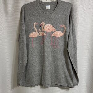 EUC women’s Port & Company long sleeve gray flamingo tee shirt. Size L/G